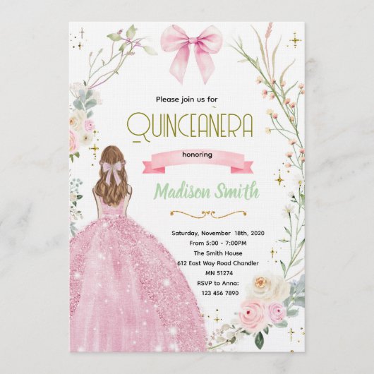 Coquette Floral bow Quinceanera Invitation 招待状 (正面)