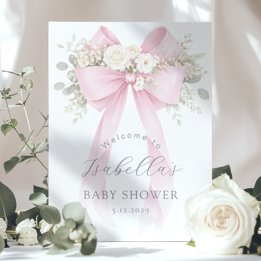 Coquette Floral Pink Bow Baby Girl Shower Welcome ポスター