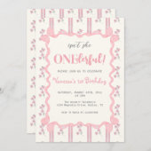 Coquette Floral Pink Bow Girl First Birthday 招待状 (正面/裏面)