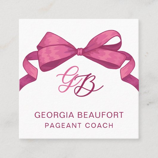 Coquette Fuchsia Bow Monogram Beauty QR Code スクエア名刺 (正面)