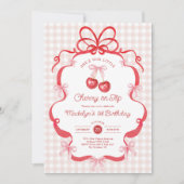 Coquette Gingham Cherry First 1st Birthday Party 招待状 (正面)