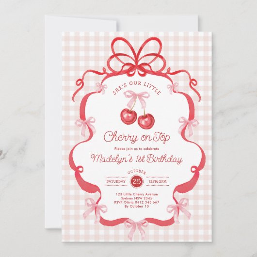 Coquette Gingham Cherry First 1st Birthday Party 招待状 (正面)