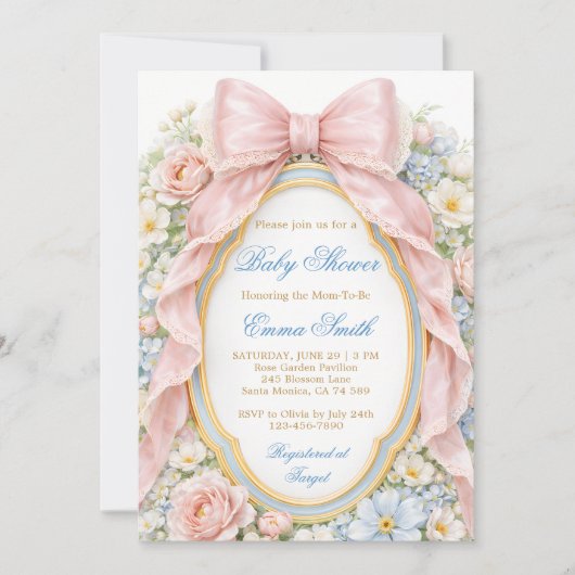 Coquette Girly Pink Bow Floral Baby Shower 招待状 (正面)