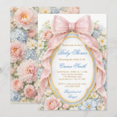 Coquette Girly Pink Bow Floral Baby Shower 招待状 (正面/裏面)