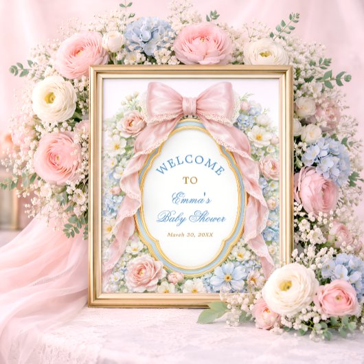 Coquette Girly Pink Bow Floral Baby Shower Welcome ポスター