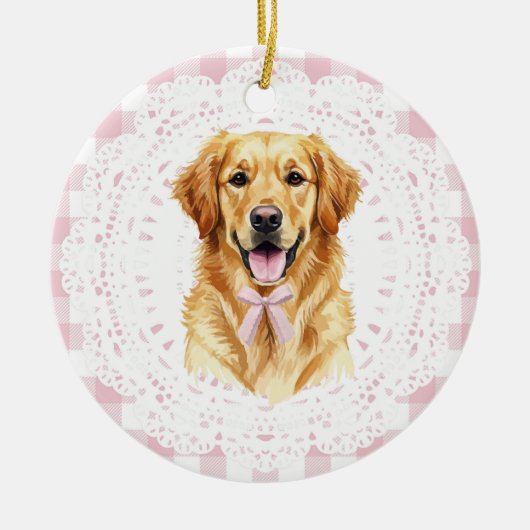 Coquette Golden Retriever Dog Pink Gingham Bows セラミックオーナメント (正面)