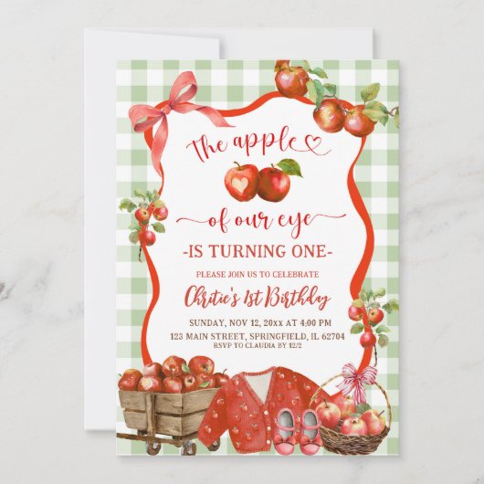 Coquette Green Plaid Bow Apple 1st Birthday 招待状 (正面)