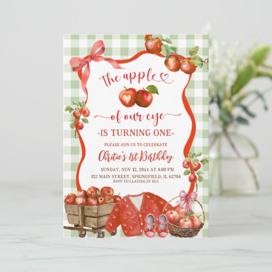 Coquette Green Plaid Bow Apple 1st Birthday 招待状 (スタンド正面)