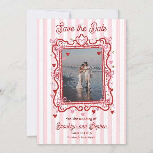 Coquette Hearts & Bows Wedding Save the Date 案内状 (正面)