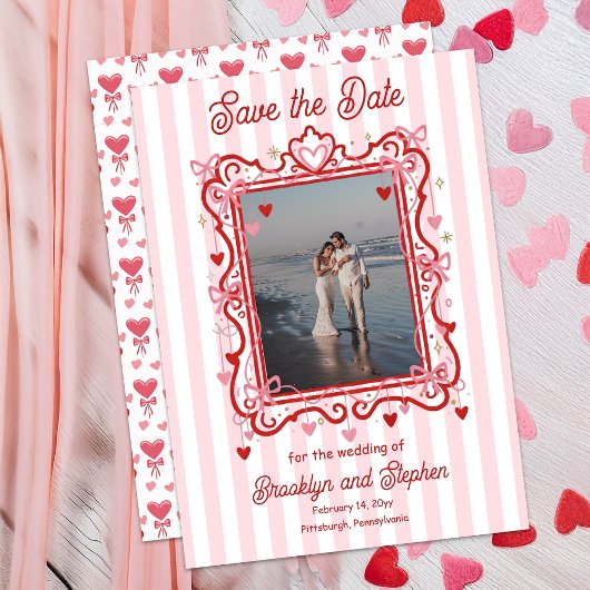 Coquette Hearts & Bows Wedding Save the Date 案内状