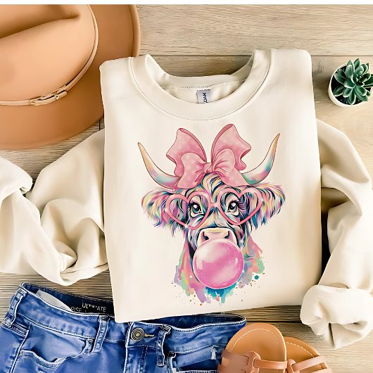Coquette Highland Cow Bubblegum Tshirt Design,  Tシャツ