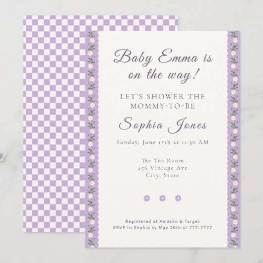 Coquette Lavender Scallop Floral 招待状 (正面/裏面)