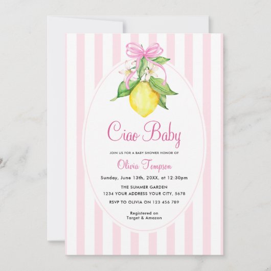 Coquette Lemon Pink Ciao Baby Shower 招待状 (正面)