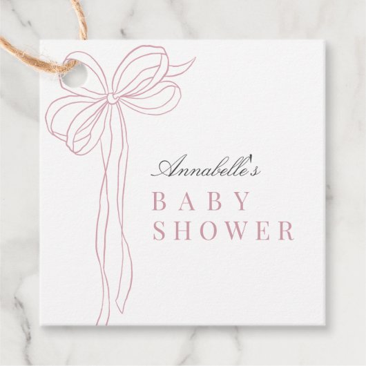 Coquette Long Pink Bow Ribbon Girl Baby Shower フェイバータグ (正面)