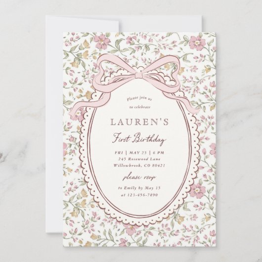 Coquette Meadow Floral Bow First Birthday  招待状 (正面)