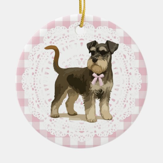 Coquette Miniature Schnauzer Dog Pink Gingham Bows セラミックオーナメント (正面)