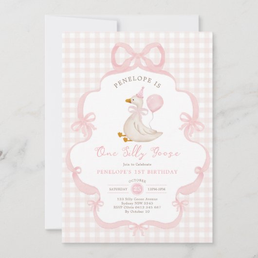 Coquette One Silly Goose Pink Bow 1st Birthday 招待状 (正面)