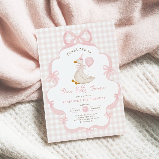 Coquette One Silly Goose Pink Bow 1st Birthday 招待状