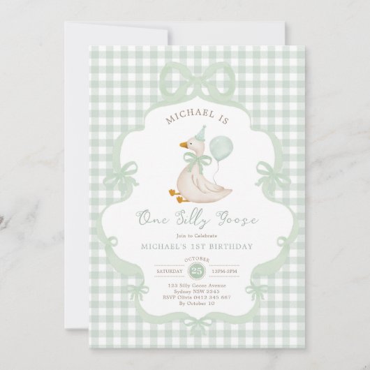 Coquette One Silly Goose Sage Green Bow Birthday 招待状 (正面)