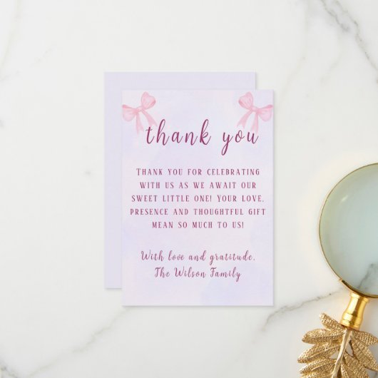 Coquette Pastel Pink Bow Watercolor Baby Shower サンキューカード (正面/裏面インサイチュ)