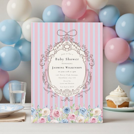 coquette pastel Rose Baby Shower with qr code rsvp 招待状
