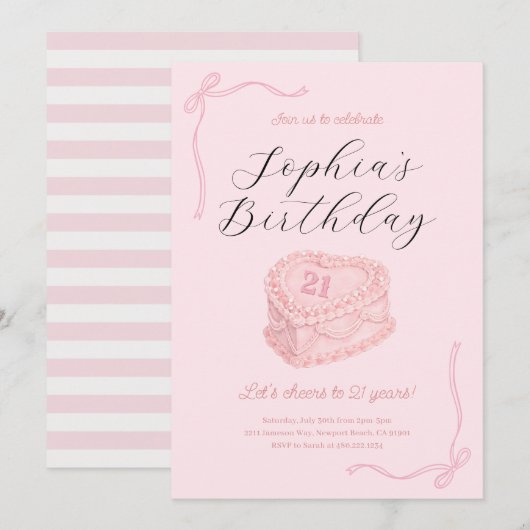 Coquette Pink Birthday Cake Invitation 招待状 (正面/裏面)