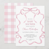 Coquette Pink Blush Ribbon Plaid Frame Baby Shower 招待状 (正面/裏面)