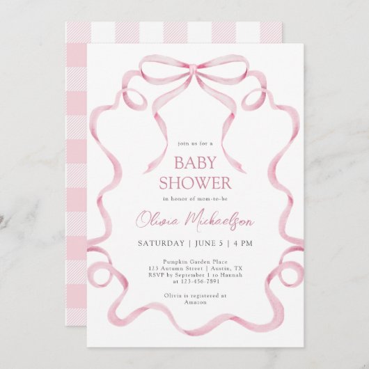 Coquette Pink Blush Ribbon Plaid Frame Baby Shower 招待状 (正面/裏面)