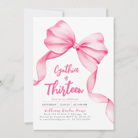 Coquette Pink Bow Birthday 招待状 (正面)
