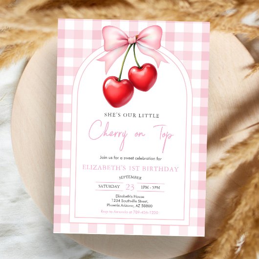 Coquette Pink Bow Cherry Birthday Invitation 招待状