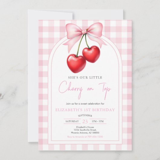 Coquette Pink Bow Cherry Birthday Invitation 招待状 (正面)