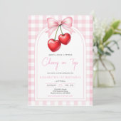 Coquette Pink Bow Cherry Birthday Invitation 招待状 (スタンド正面)