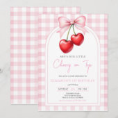Coquette Pink Bow Cherry Birthday Invitation 招待状 (正面/裏面)