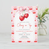 Coquette Pink Bow Cherry Birthday Invitation 招待状 (スタンド正面)