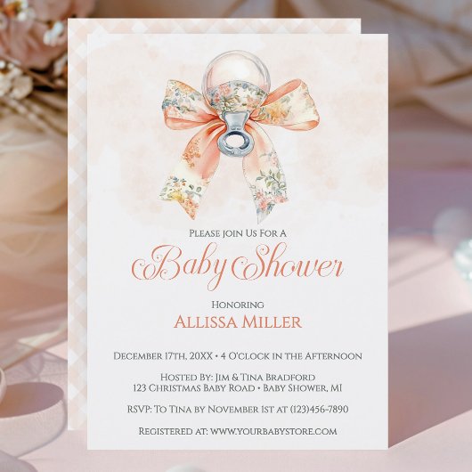 Coquette Pink Bow Gingham Girl Baby Shower 招待状