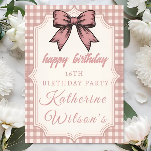 Coquette Pink Bow & Gingham Sweet 16  カード