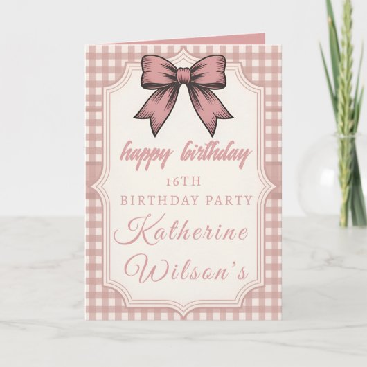 Coquette Pink Bow & Gingham Sweet 16  カード (正面)