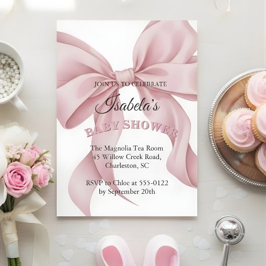 Coquette Pink Bow Girl Baby Shower Invitation 招待状