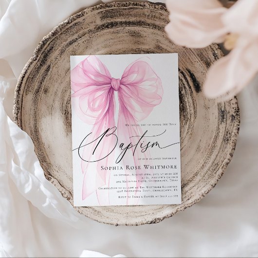 Coquette Pink Bow Girl Baptism 招待状
