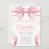  Coquette Pink Bow Girl First Birthday Invitation 招待状 (正面)