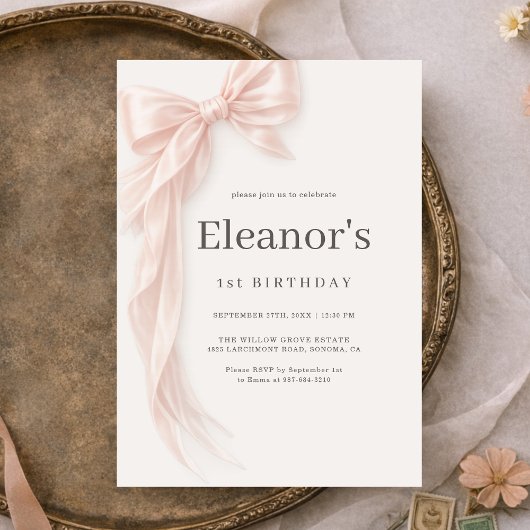 Coquette Pink Bow Girl's 1st Birthday 招待状