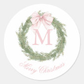Coquette Pink Bow Monogram Wreath Christmas ラウンドシール (正面)