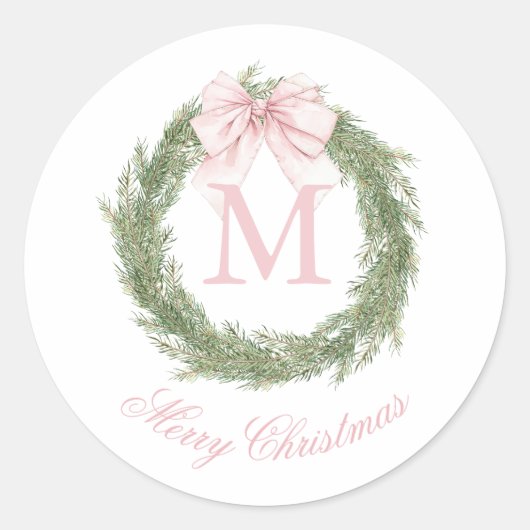 Coquette Pink Bow Monogram Wreath Christmas ラウンドシール (正面)