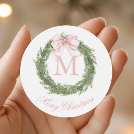 Coquette Pink Bow Monogram Wreath Christmas ラウンドシール