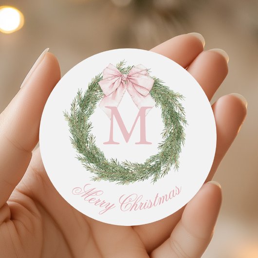Coquette Pink Bow Monogram Wreath Christmas ラウンドシール