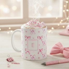 Coquette Pink Bow Preppy Girly Monogram コーヒーマグカップ