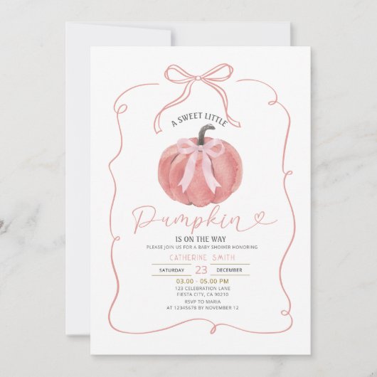 Coquette Pink Bow Pumpkin Baby Shower  招待状 (正面)