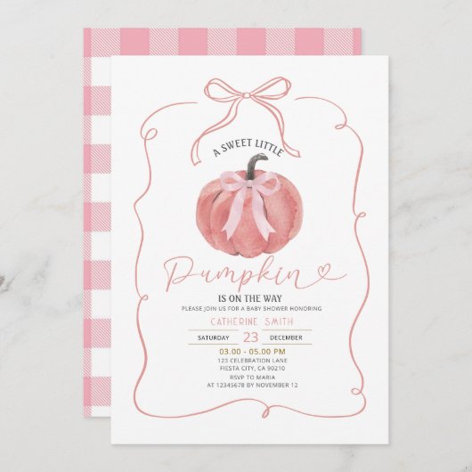 Coquette Pink Bow Pumpkin Baby Shower  招待状 (正面/裏面)