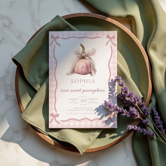 Coquette Pink Bow Pumpkin Fall 1st Birthday Party 招待状