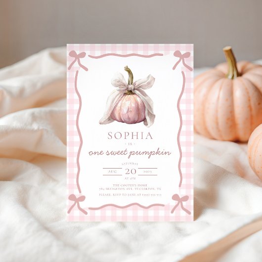 Coquette Pink Bow Pumpkin Fall 1st Birthday Party 招待状